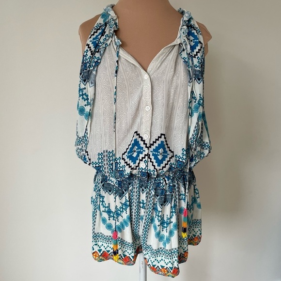 ROCOCO SAND White Blue Tribal Print Bead Embellished Open Back Halter Romper EUC - Picture 1 of 10